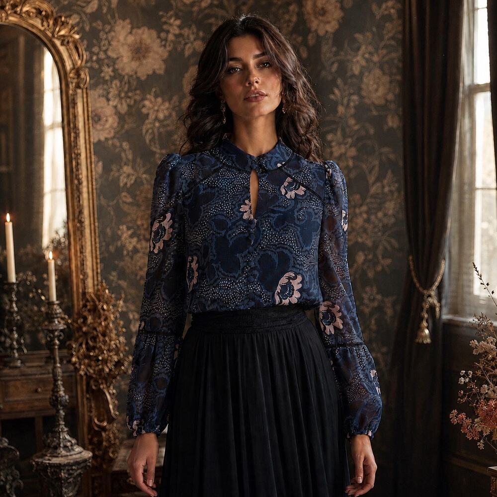 Romantic Floral Sheer Blouse Ted Baker Bernot Navy Victorian Pristine Size 2